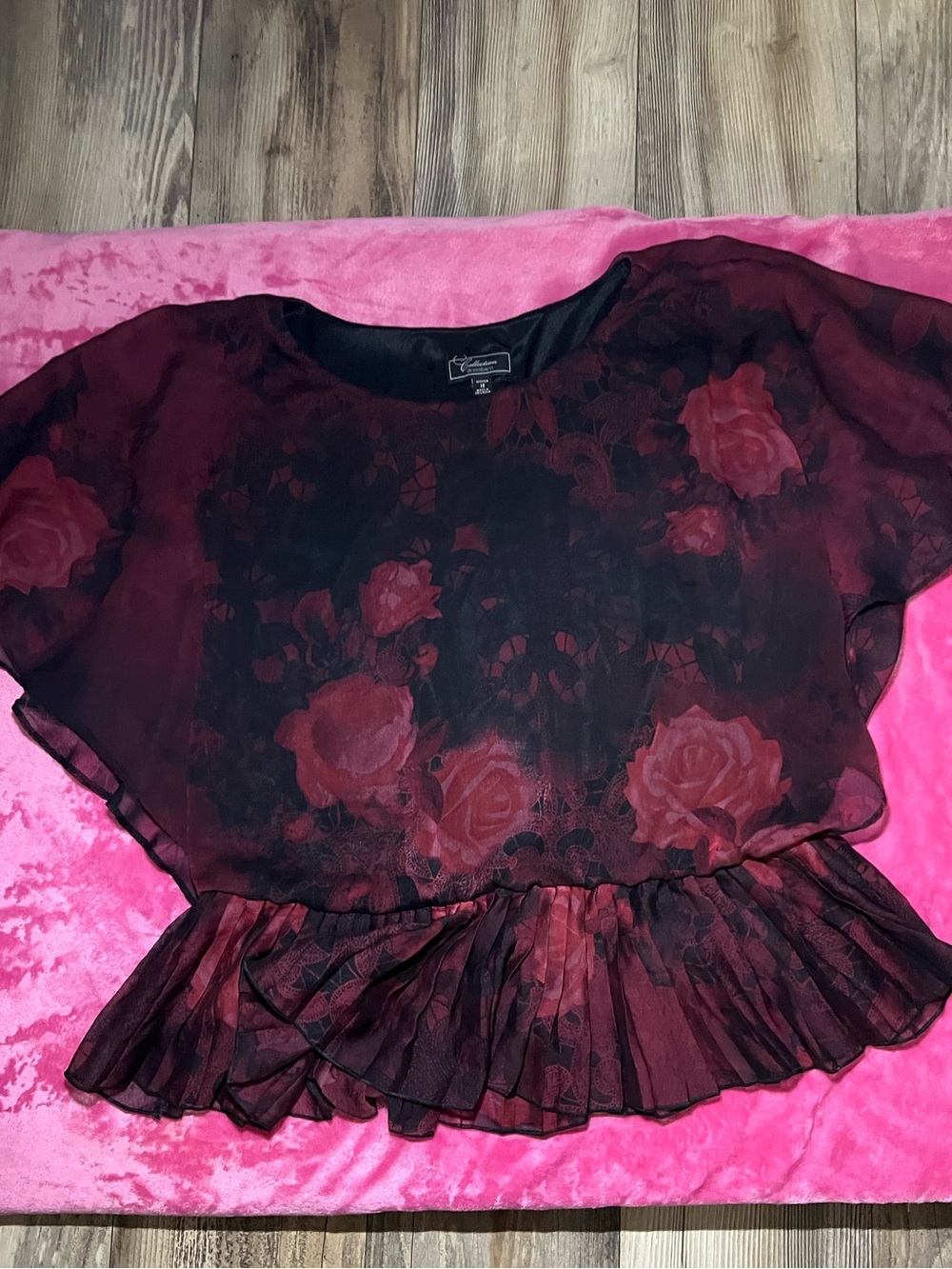 Dressbarn Collection Dark Floral Chiffon Peplum Top | Size 14